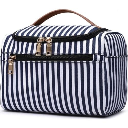 Blue Striped Canvas Cosmetic Bag with Leather Handle Fashion Woman Washing Organizer Storage Travel Beautician Makeup Bag