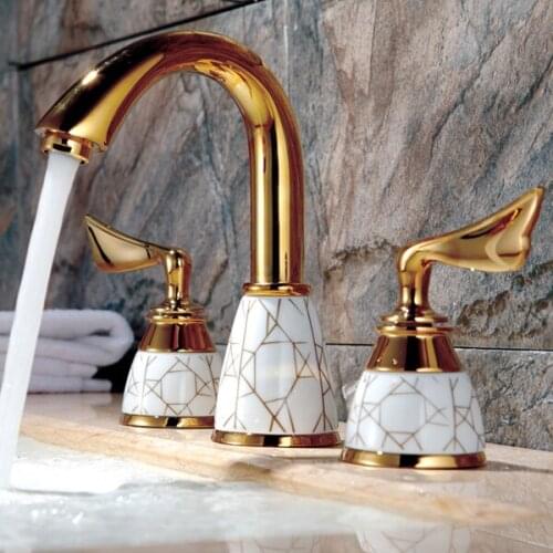 New Modern 3 holes 8" Widespread Bathroom Sink Faucet mixer tap gold clour with lever handles