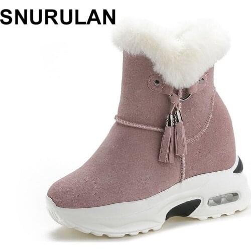 SNURULANWomen Snow Warm Zippers Ankle Boots Feamle Tassel Flock Plush Platform Women Shoes Ladies Height Increase BootsE037