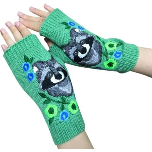 Vintage Knitted Gloves with Embroidery Floral Fingerless Warm Hand Warmer Mitten 449F