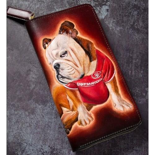 High-grade Handmade Wallets Purses Women Men Long Clutch Vegetable Tanned Leather Carving Shar Pei Wallet