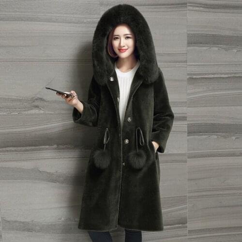 Sheep Natural Shearing Real Fur Coat Hooded With Fox Fur Collar Winter Long Wool Overcoat Female Jacket Clothing OS16040