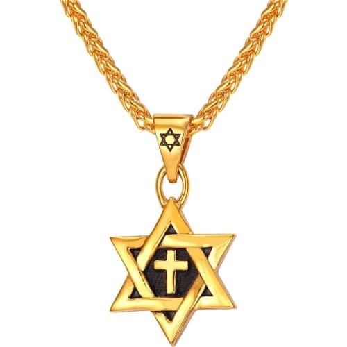 Star of David Cross Pendant Charm Necklaces Jewish Jewelry Women Men Jewelry Stainless Steel Gold Color Necklaces Pendants P002