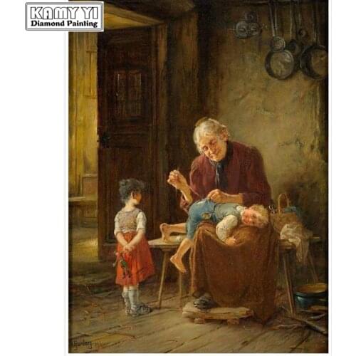 DIY 5D Diamond Mosaic Grandma helps children mend pants Diamond Painting Cross Stitch Kits Embroidery Patterns Rhinestones Arts