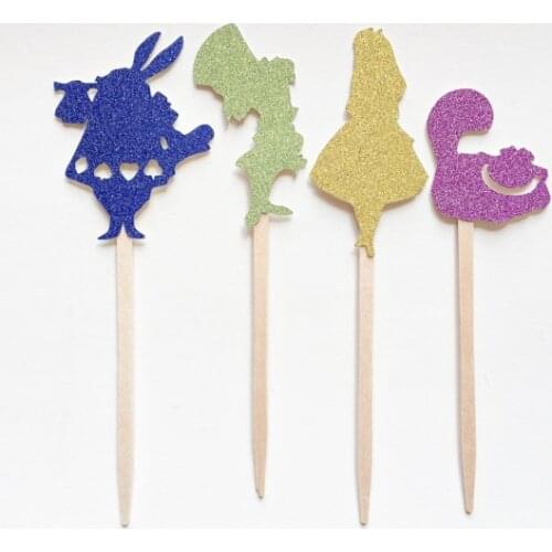 Glitter Alice in Wonderland birthday cupcake toppers baptism Christening party decoration doughnut food toothpicks