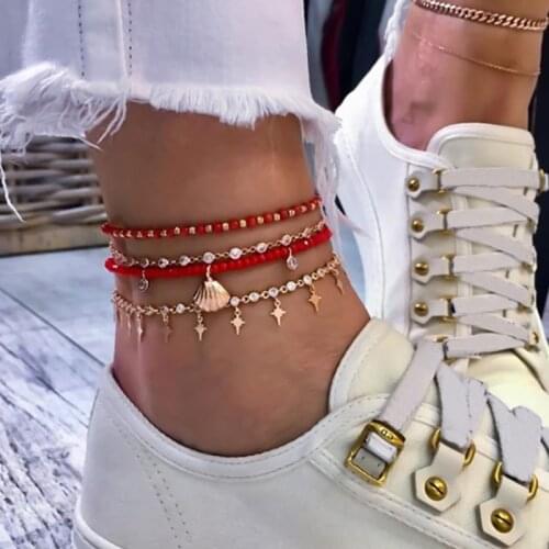 Docona Boho Shell Star Crsytal Charms Anklet Set for Women Girl Red Beaded Multilayer Anklet Bracelet Foot Jewelry 8528