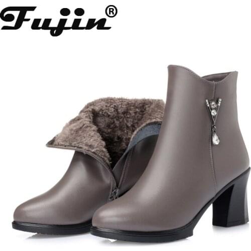 Fujin Winter Boots Wool Warm Genuine Leather Fur Warm Zipper Shoes Ankle Boots Platform for Women Plush Fashion Women Snow Boots