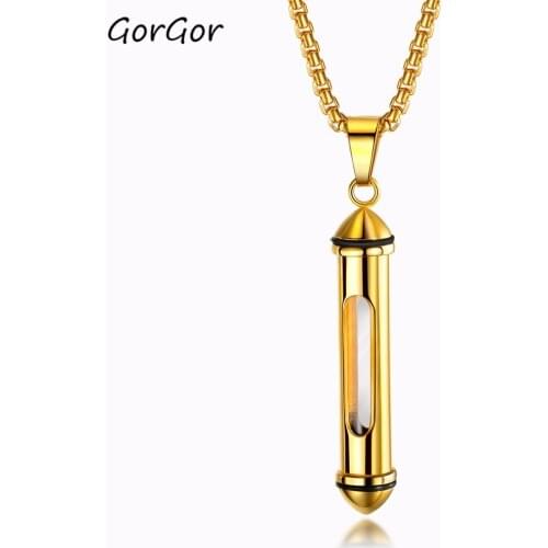 GorGor Classic Practical Cylinder Open Titanium Steel Perfume Bottle Pendant Cinerary Box Commemorative Mens Necklace 1573