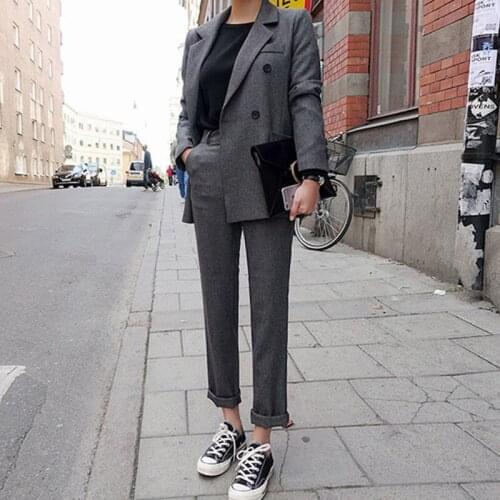 Custom Fashion Business Pant Suits Uniform Formal Double Breasted Jacket Long Black Blazer Set Women Two Pieces Suits