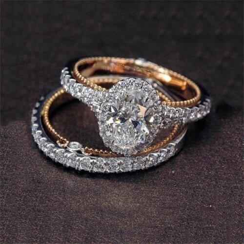 I & FDLK Womens Luxury Oval White Rhinestone Two Tone Ring Set Proposal Anniversary Gift Wedding Engagement Jewelry