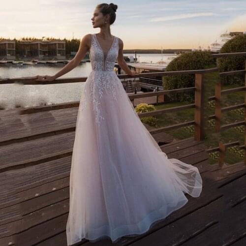 Beautiful A-Line Tulle Wedding Dresses V-Neck Sleeveless Appliques Custom Made Bridal Dresses 2020 vestido de casamento