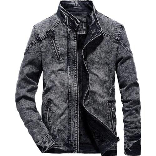 Mens Vintage Denim Jacket Solid Casual Mens Jeans Coat Fashion Stand Clothes for Men Black Blue Bomber Jacket Men Stand