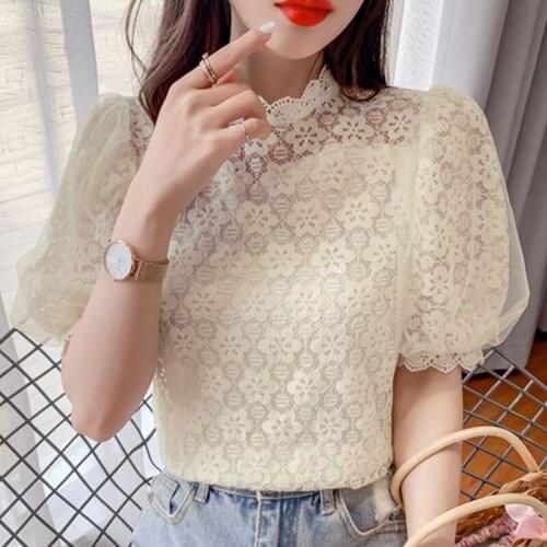 Summer Koren Style Clothing 2021 Mesh Lace Splicing Bubble Sleeve Flower Hollow Short Sleeve Shirts for Women Blusas Mujer 0629