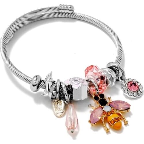 Fashion Punk Crystal Bee Stainless Steel Cuff Bracelets For Women Gothic Rhinestones Silver Jewelry Accessories Bijoux Femme New