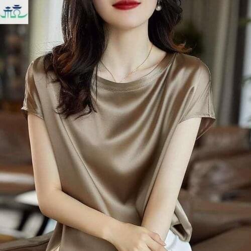 Fashion Women 2021 Summer T Shirts O Neck Short Sleeve All-Match Shoulder Imitation Mulberry Silk Top Womens Tops and Blouses