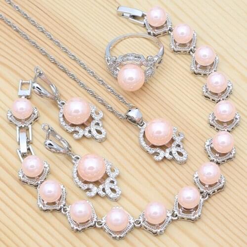 Pink Pearl Earrings Ring Pendant Chain Bracelet for Woman Wedding Jewelry Set 925 Sterling Silver Jewelry