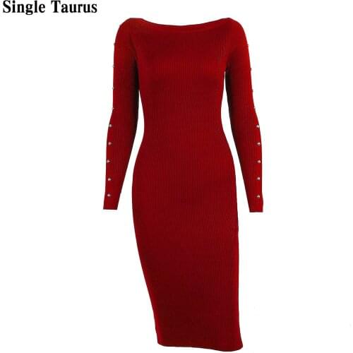 Fall Winter Women Knitted Dress Long Sleeve Bodycon Dresses Casual Ladies Clothes Skinny Beading Midi Party Knitting Slim Dress