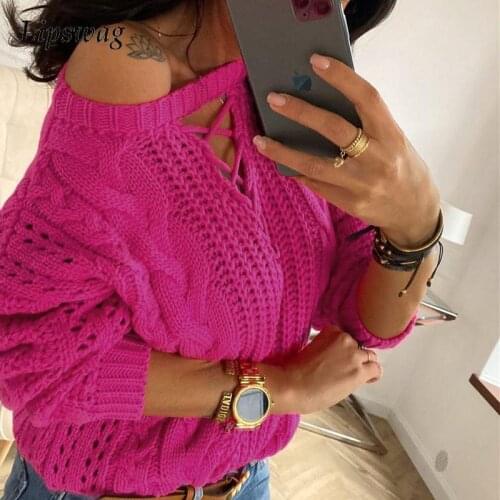Autumn Sexy O Neck Hollow Out Knitted Sweaters Women Off Shoulder Long Sleeve Pullover Tops Ladies Casual Solid Bandage Sweater