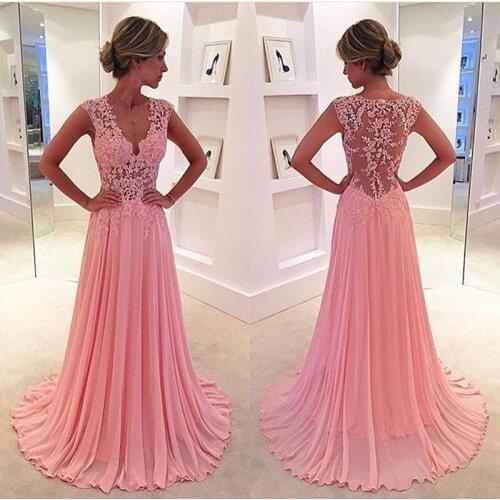 Chiffon A-Line Lace Vestido de noiva See Through Back Long Prom Dress Cap Sleeves Floor Length Evening Dress Prom Gowns