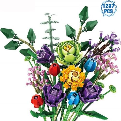 Technical Ideas Flowers Bouquet Building Blocks Moc Romantic Rose Flower Bricks Home Decoration DIY Toys for Girl Birthday Gift