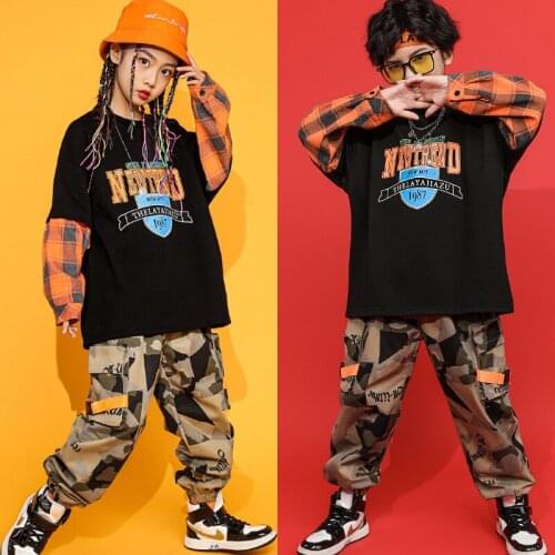 Boys Hip Hop Fake Two-piece Sweatshirt Plaid Camouflage Cargo Pants Girl Joggers Kids Street Dance Clothes Child Jazz Streetwear