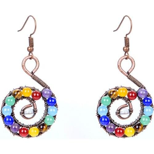 Vintage Antique Copper Women Chakra Healing Stone Balancing Energy Spiral Swirl Snail Drop Dangle Hook Earrings Fashion Jewelry
