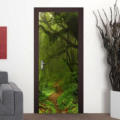 Green Forest Path 3D Murals PVC Door Stickers DIY Living Room Bedroom Bathroom Door Home Decoration Waterproof Wallpaper Fresco