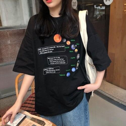 Planet Letter Printed Summer Womens Oversized T-shirt Goth Punk Tee Korean Style Harajuku Streetwear 90s Aesthetic Vintage Tops