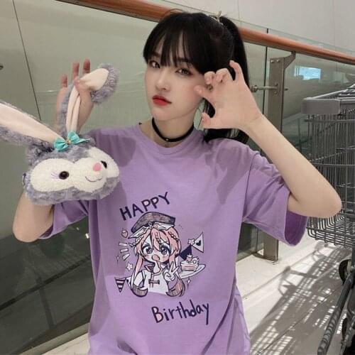 2021 Summer Korean Fashion Loose Womens T-Shirt Pink Cartoon Girls' Top Harajuku Aesthetic Womens Clothes Short Sleeve Tees