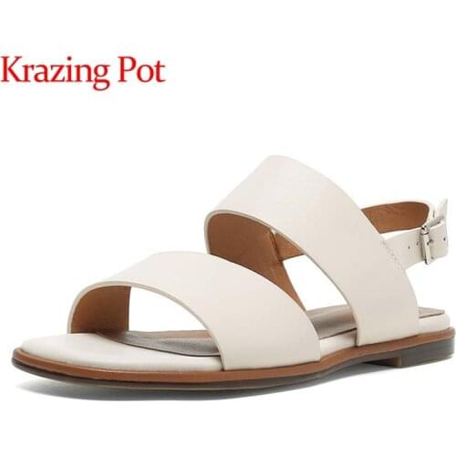 Krazing pot genuine leather low heels round toe British school high street fashion energy buckle straps women summer sandals L86