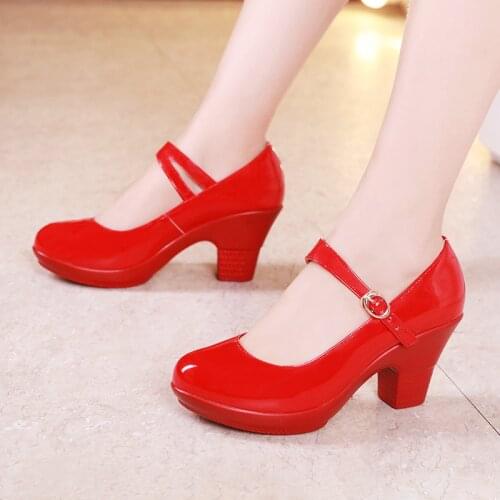 Big Size 32-43 Medium Block Heel Platform Shoes Women Wedding Shoes Red White 2020 Fall Mary Jane Shoes Ladies Pumps Leather