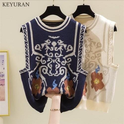 Sweater Vest Women Vintage Totem Flower Pattern Sleeveless Knitted Vest Female Retro Chic Tops Casual Jumper Jacquard WaistCoat
