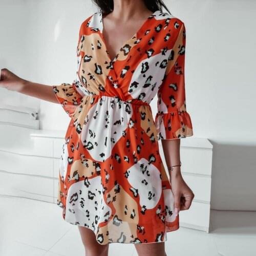 Summer Ladies Knee Length Dress All-matched Lightweight Leopard Printing Deep-V Cloth Middle Sleeve Elegant Dress for Women