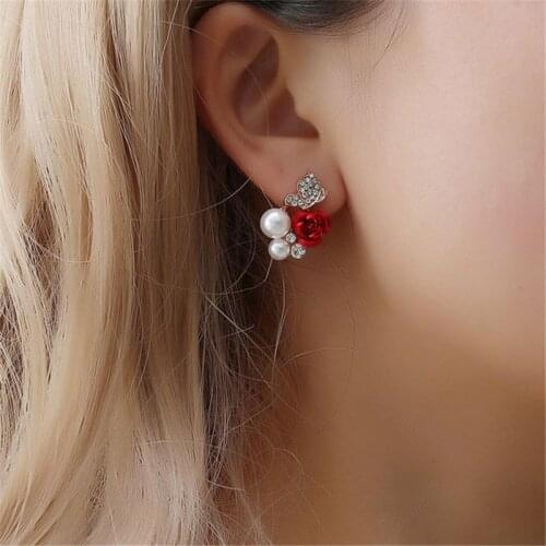 Stylish 1 Pair Red Rose Flower Earrings Imitation Jewelry Pearl Earrings Plated Crystal Beautiful Earring Jewelry Bijoux Gift