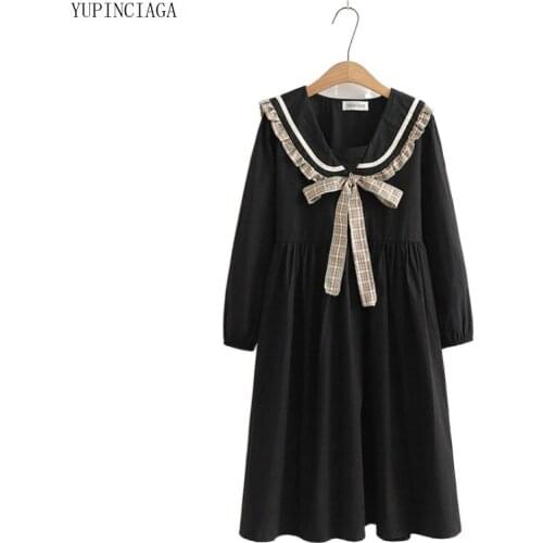 2021 Summer Korean Preppy Style Loose Sailor Collar Hit Color Bow Mid-Length Dress Women Sweet Dresses For Girls 2113993