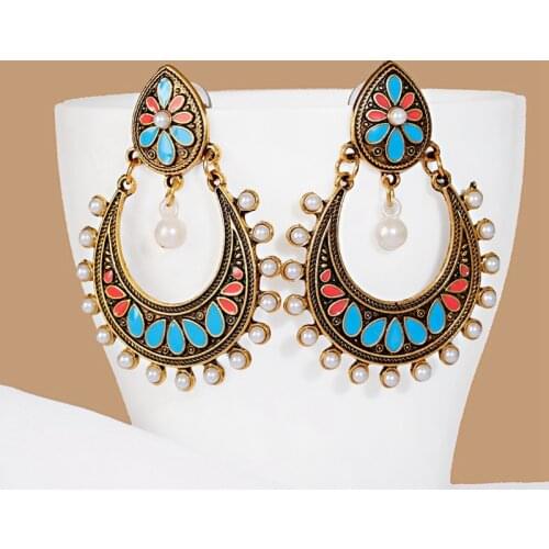 2021 Retro Big Water Drop Indian Jhumka Earrings Womens Classic Vintage Turkey Red Blue Flower Earrings Bijoux