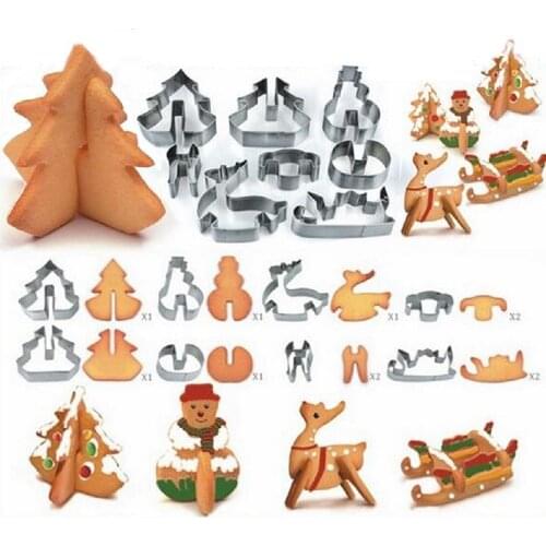 8pcs/ Set 3D Stainless Steel Christmas Elements Cookie Cutters Metal Cookie Mold Fondant Stamp Baking Tools IC893055