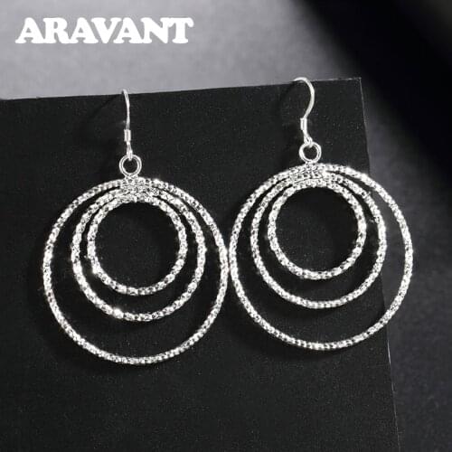 925 Silver Earrings For Women Shiny Three Round Circle Earring Silver Jewelry Gift
