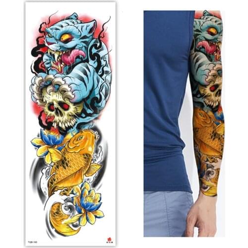 Large Arm Sleeve Tattoo Fish Lotus Tiger Waterproof Temporary Tatoo Sticker Skeleton Tai Chi Demon Men Full Skull Totem Tatto