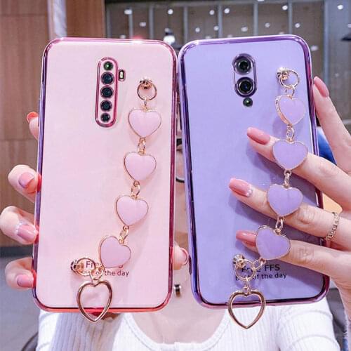 Wrist Bracelet Phone Case For Oppo Reno2 Z F Case Luxury Love Heart Chain Plating Cover Capa oppo Reno 2Z 2F Z Soft Silicone