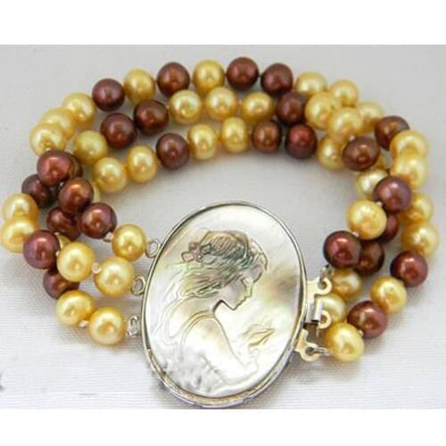 Handwork Real Pearl Bracelet,3rows Golden Coffee Round Freshwater Pearls Bracelet,Perfect Women Birthday Party Gift Jewellery