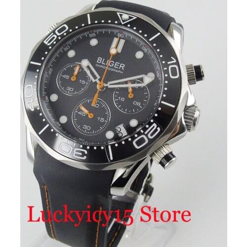 BLIGER Quartz Men Watch Chronograph Date Function 41mm Case Ceramic Bezel Rubber Strap Black Dial