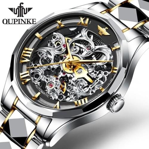 OUPINKE Top Brand Luxury Men Automatic Mechanical Watch Skeleton Tungsten Steel Waterproof Sapphire Glass Fashion Wrist Watches