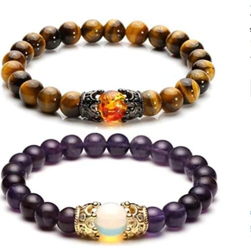 FYJS Unique Couple Gift 2 Crowns Connect 8 mm Round Beads Amethysts Elastic Bracelet for Loves Rose Pink Quartz Jewelry