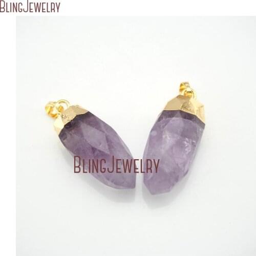 Faceted Amethysts Point Petite Pendant, Amethysts Pencil Point Charm with Gold Electroplated Trim and Bail PM13588