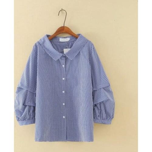 Plus Size Shirt Women Clothing Long-Sleeved Shirt With Lapel Little Checkered Pattern Loose-Ruched Sleeves Spring And Autumn