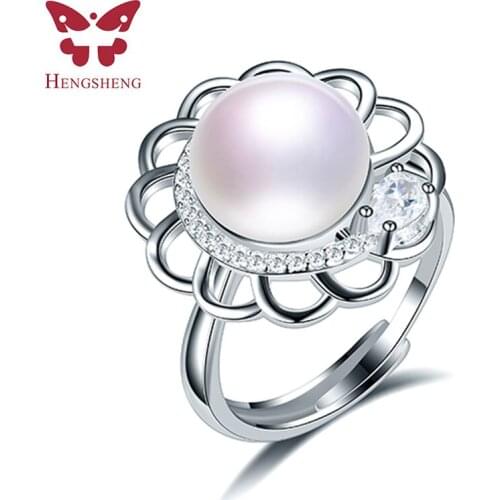 Hot Flower 10mm Genuine Natural Pearl Ring, 925 Sterling Silver Rings for Women Wedding Ring Wedding Rings Silver 925 Jewelry