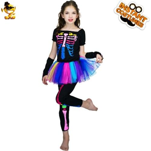 Colorful Girls Halloween Skeleton Dress Cute Rainbow Cosplay Clothing Skull Printed Costumes for Kids