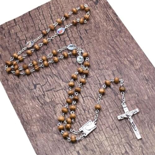 Handmade Round Wood Rosary Beads Cross Religious Jesus Necklace Christian Men Women Yoga Jewelry Charms