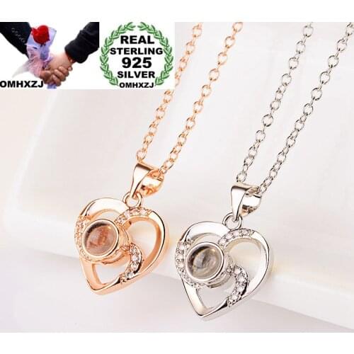 OMHXZJ Wholesale European Fashion Woman Girl Party Gift Heart Projecting LOVE Zircon S925 Sterling Silver Pendant Necklace NA82